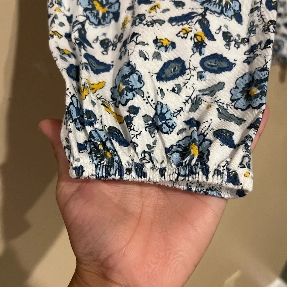 Lucky Brand Size S White Blue Gold Floral Square Neck Long Sleeve Peasant Top
